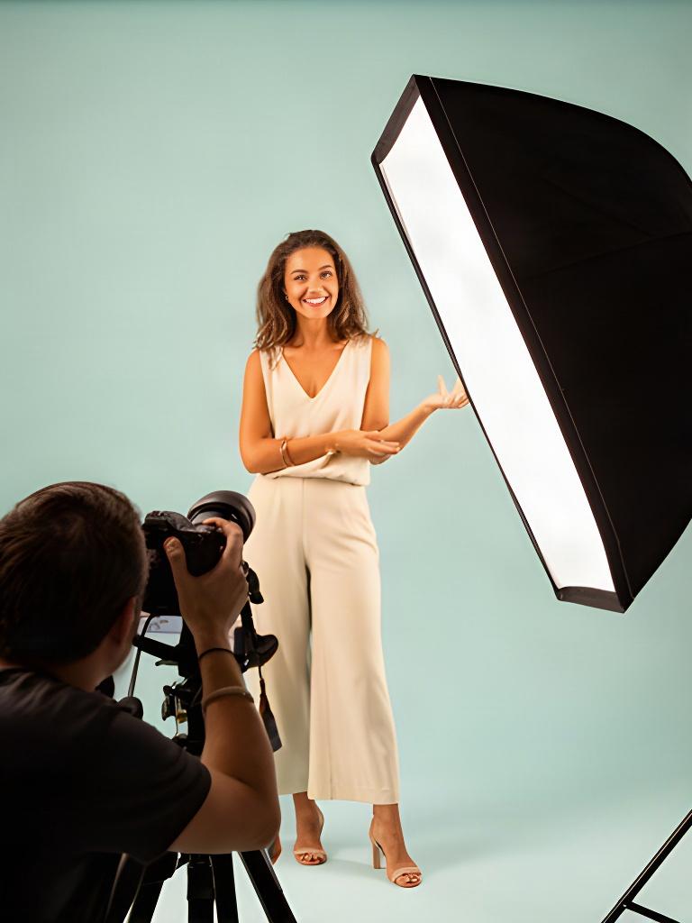 Brand photography session in progress with subject and softbox lighting
