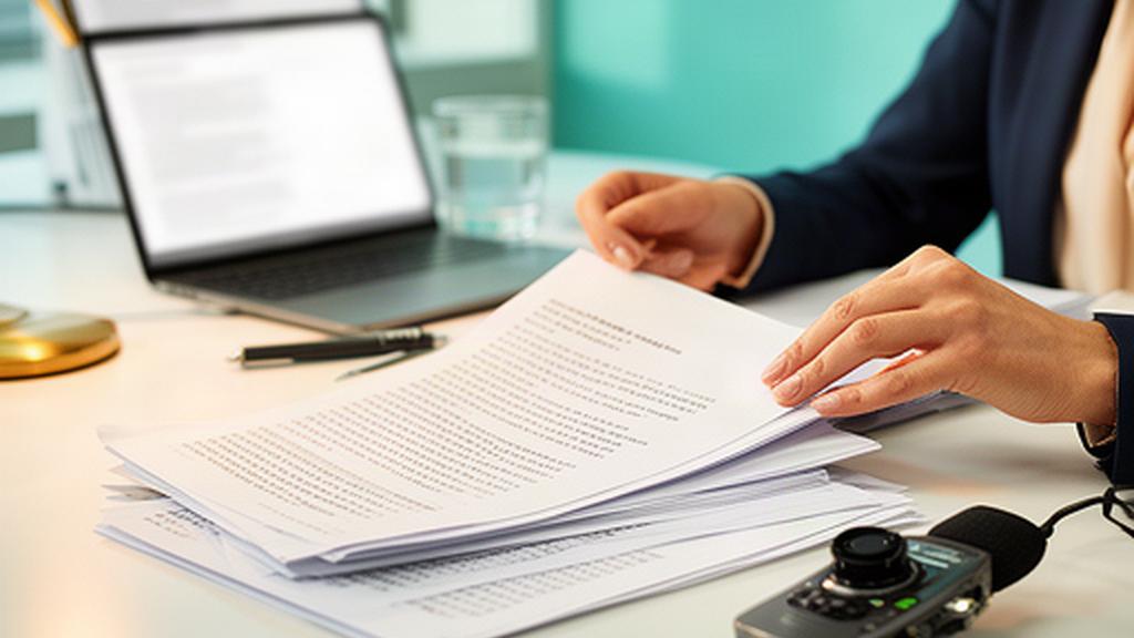 Communications adviser preparing a press briefing with printed statements and interview notes