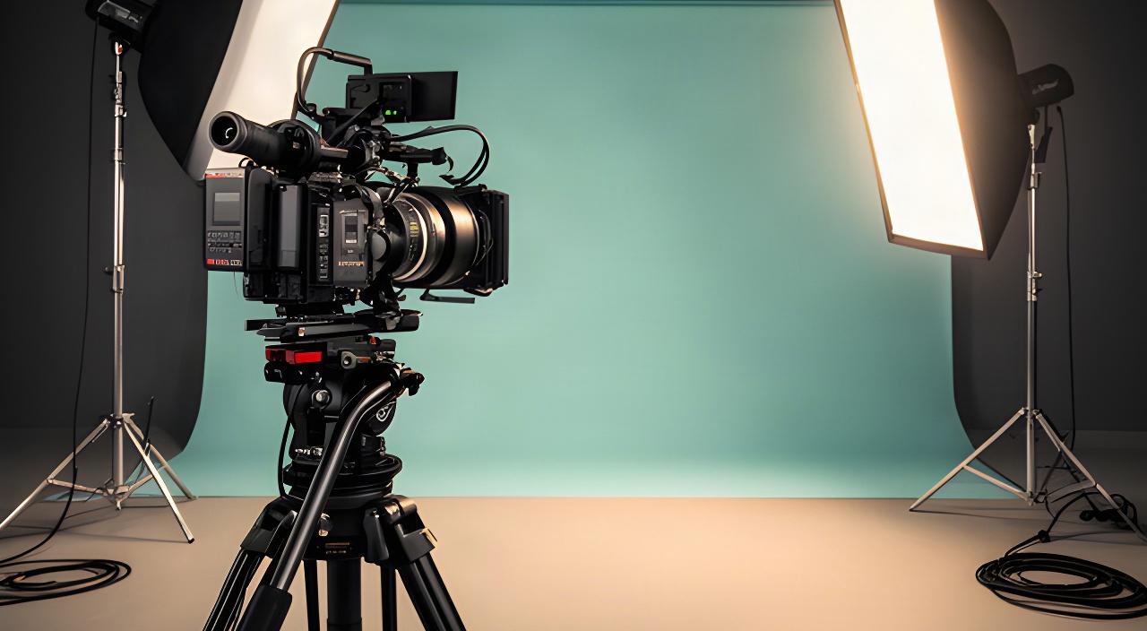 Professional camera and soft lighting arranged for a studio content shoot