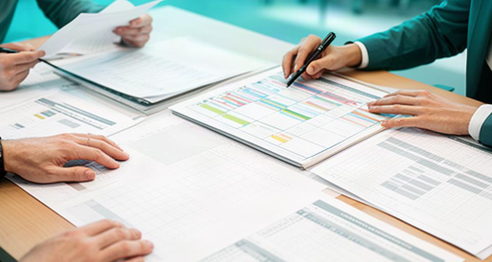 Communications planners marking a newsroom schedule beside reference documents