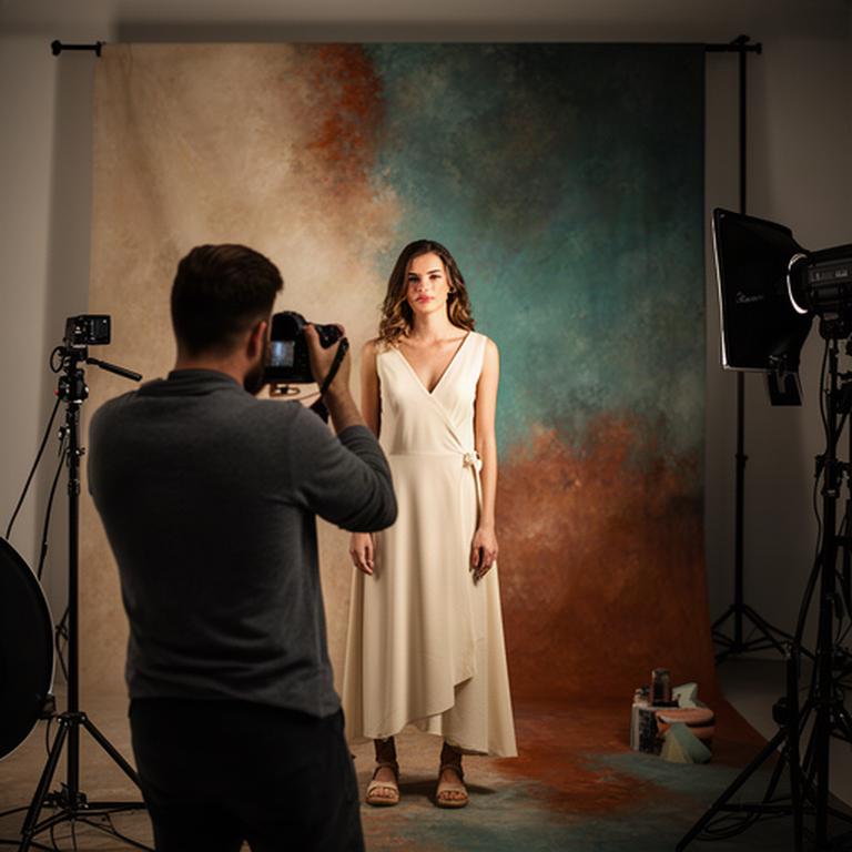 Editorial photographer directing a portrait session against a textured studio backdrop