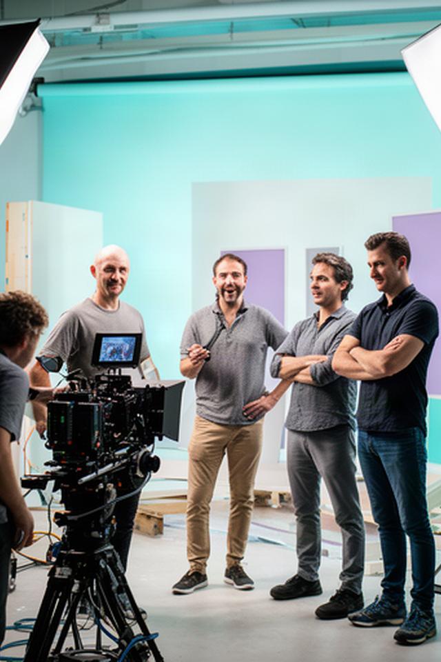 Production team preparing a brand film scene inside a brightly lit Swansea studio