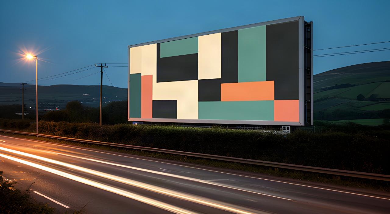 Large outdoor billboard design installed beside a Welsh commuter route at dusk