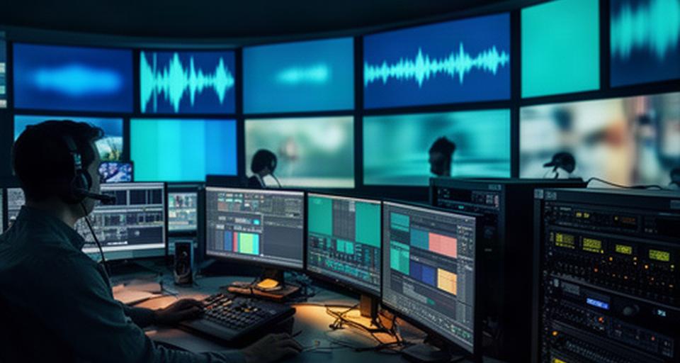 Broadcast control room with monitors showing a scheduled public information campaign