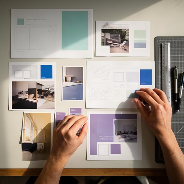 Creative director arranging campaign layouts, photographs and headline ideas on a studio desk