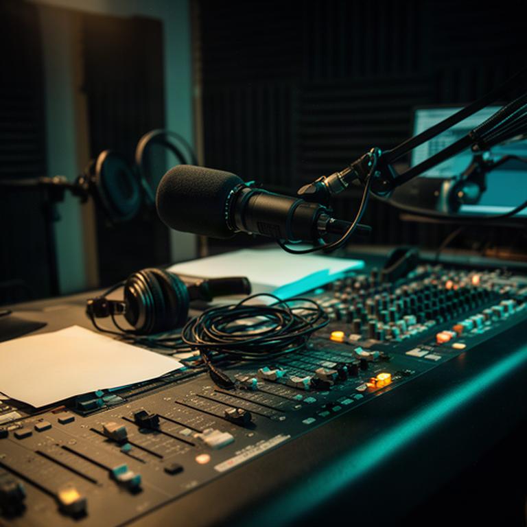 Radio broadcast console with microphones and campaign notes in a local studio
