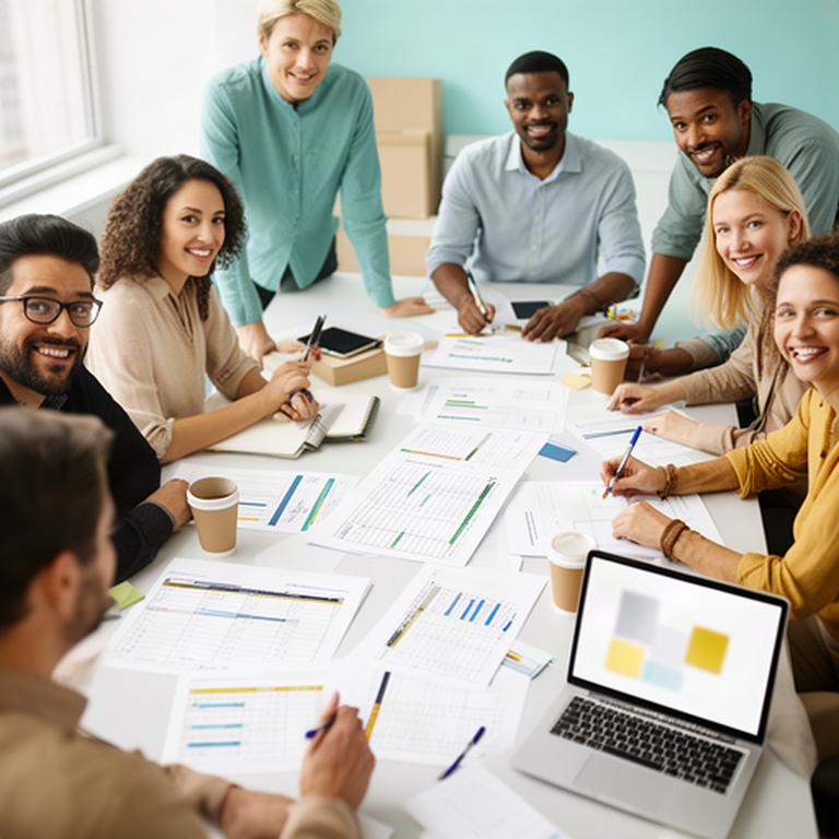 Media planners studying channel reports around a table with printed campaign schedules