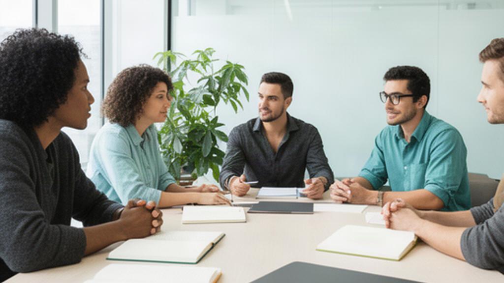 Small client meeting around a table with notebooks and a laptop in a bright office