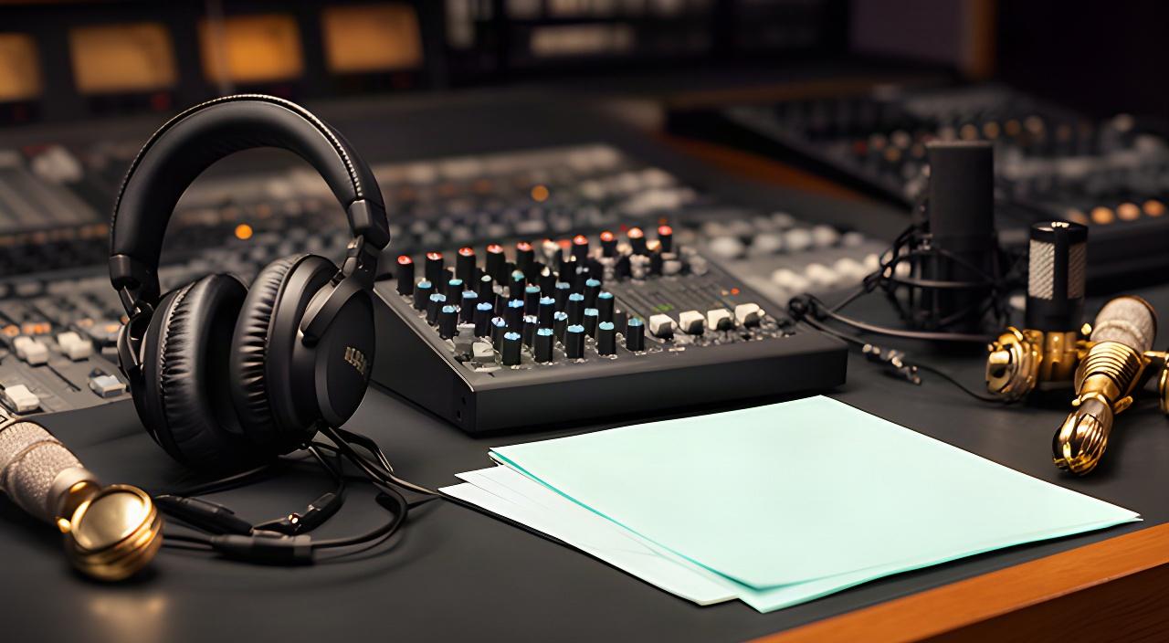 Audio production desk with headphones, mixer and interview notes