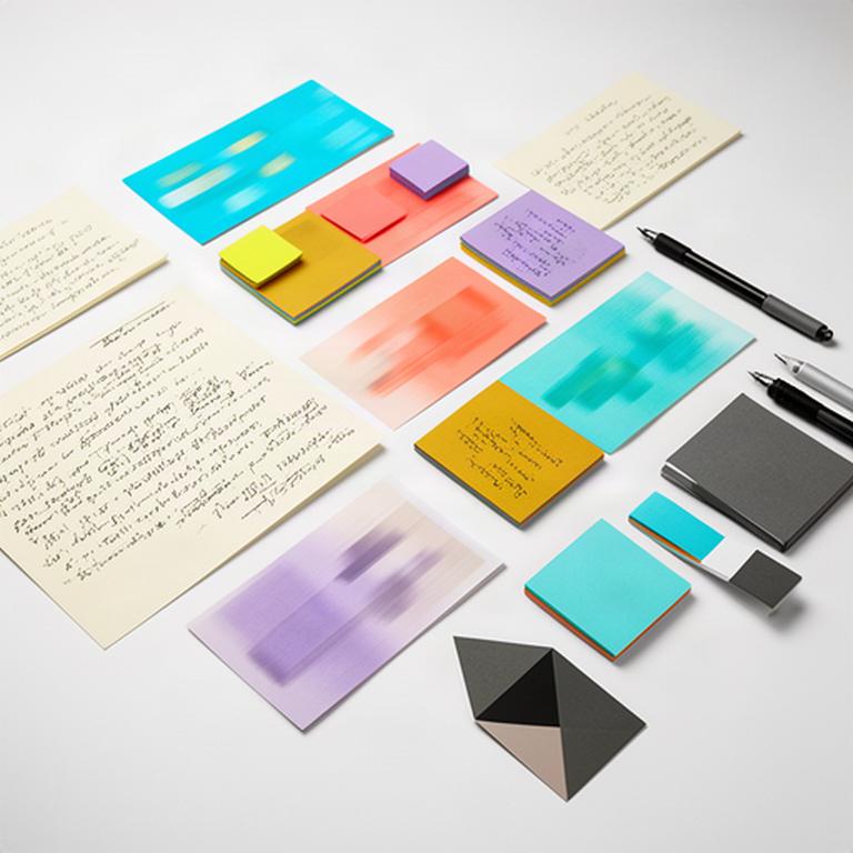 Colourful brand message cards arranged beside handwritten notes in a creative studio