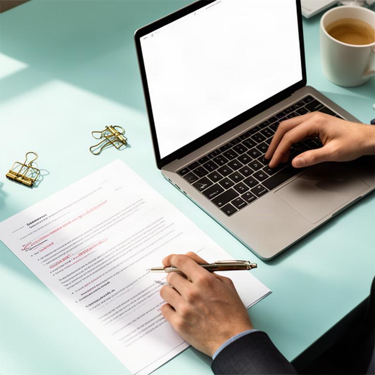 Public statement being edited on a laptop beside a marked-up printed draft and pen