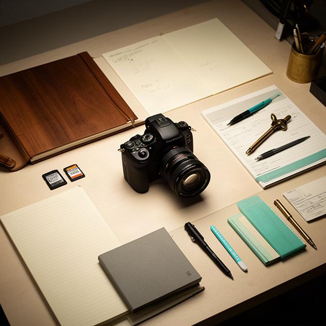 Camera, notebook and signed production notes arranged on a media workbench