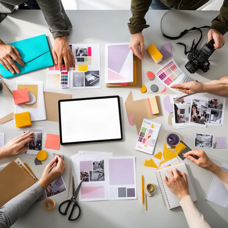 Creative team arranging social campaign concepts across a desk with colour swatches and printed layouts