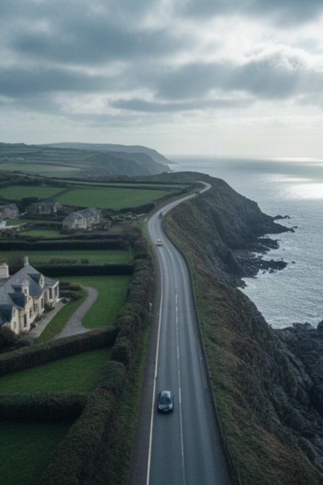 Drone photograph of a coastal estate and winding road along the South Wales shoreline