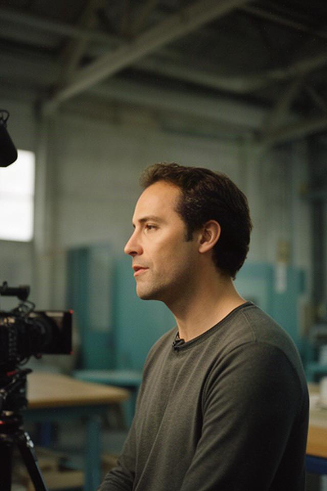 Interview subject speaking with a documentary crew in a calm industrial workspace