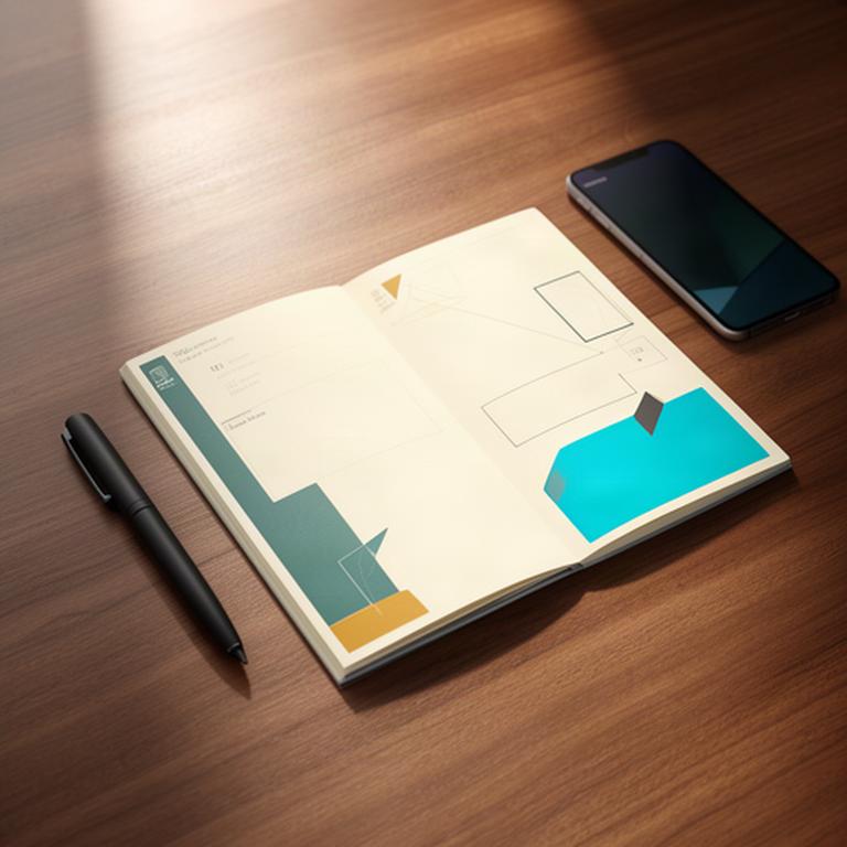 Open planning notebook beside a pen and phone on a wooden communications desk