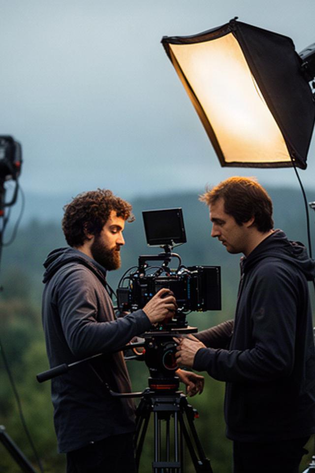 Camera operator and lighting technician working together during an outdoor commercial production