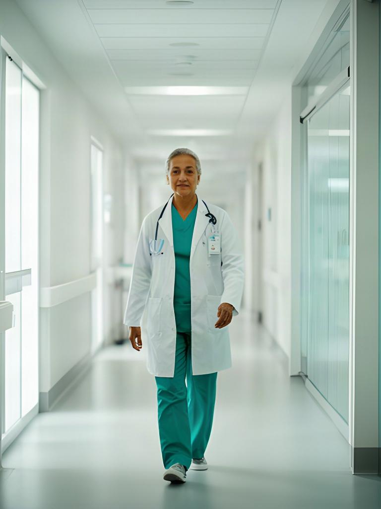 Clinician walking through a bright private hospital corridor during a health sector brand film