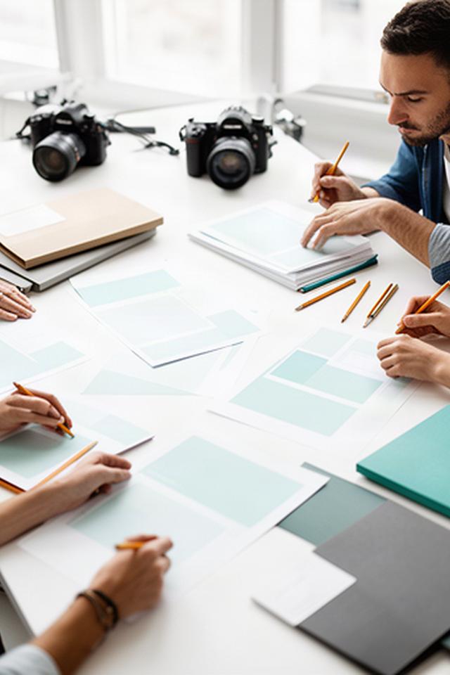 Editorial team reviewing printed campaign pages around a bright studio table