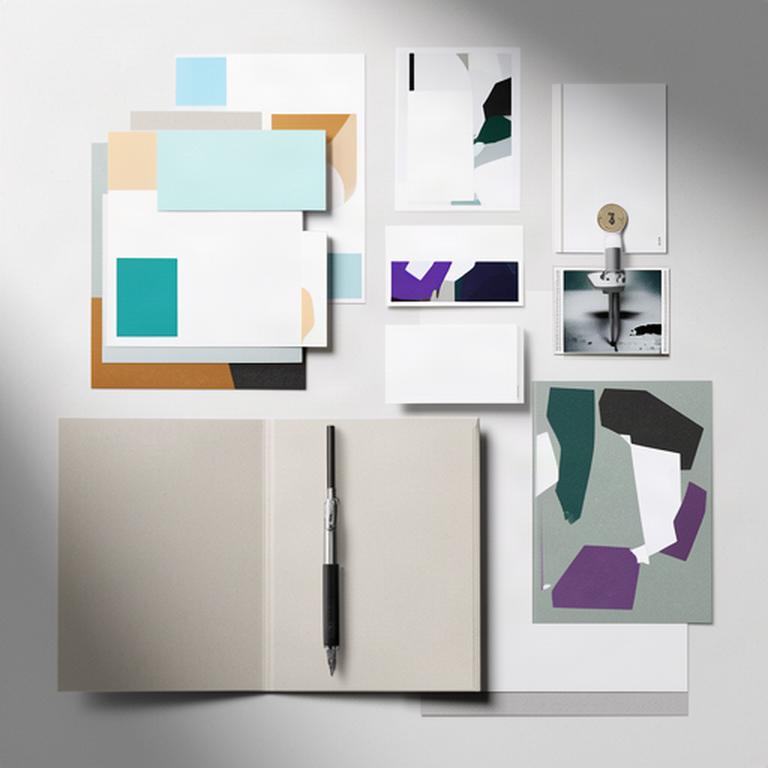 Printed press materials and branded layouts arranged on a production desk