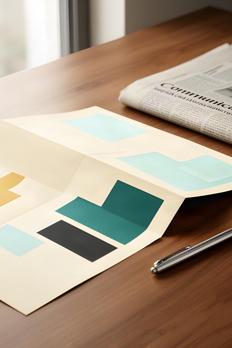 Press materials and a folded newspaper arranged on a communications office table