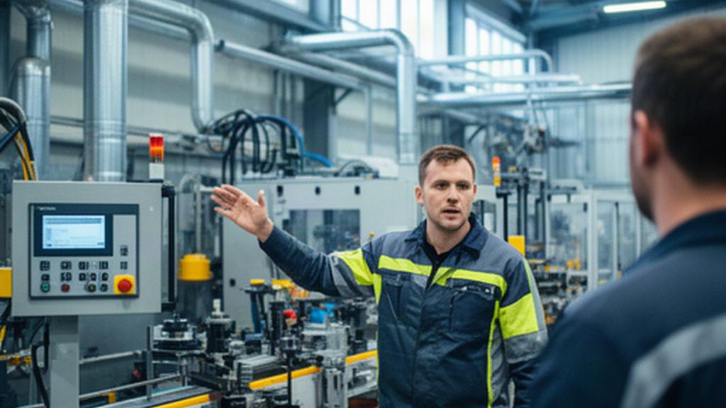 Engineer explaining a production process inside a modern Welsh manufacturing facility