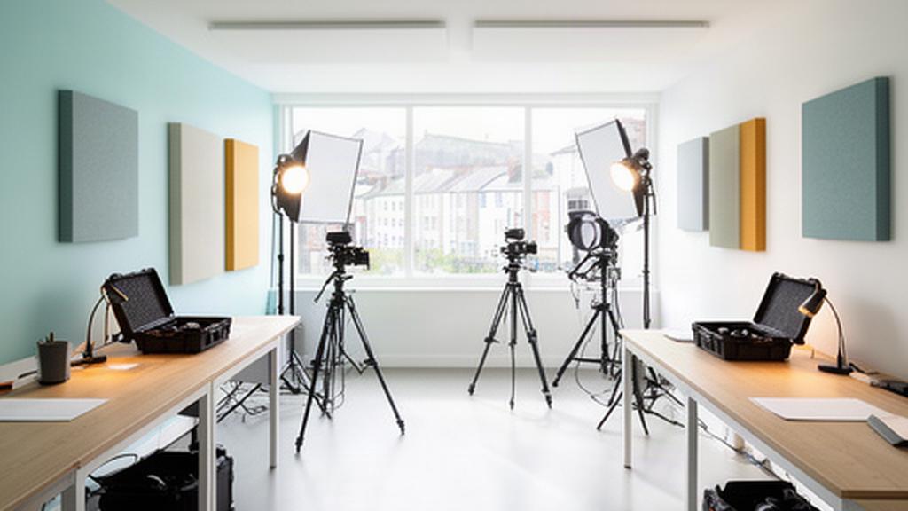 Bright Swansea media studio with desks, acoustic panels, and production equipment