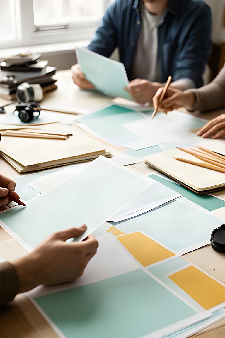 Editorial team reviewing printed campaign material at a Swansea studio desk
