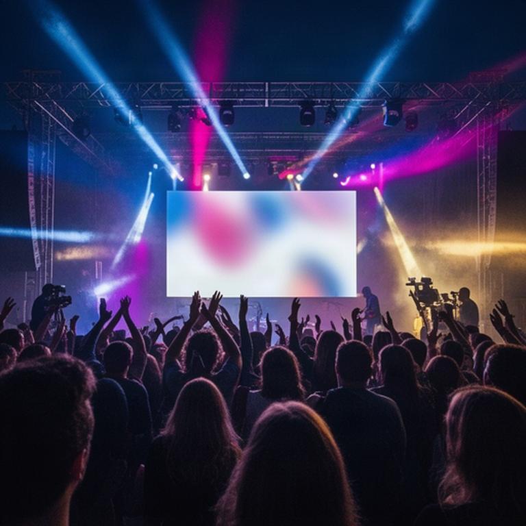 Audience gathered at a lively evening event with stage lighting and a large presentation screen