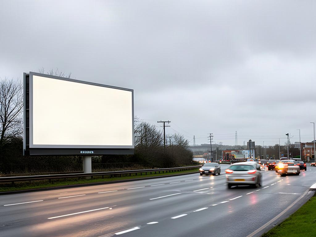 Large outdoor campaign billboard beside a busy UK road on an overcast afternoon