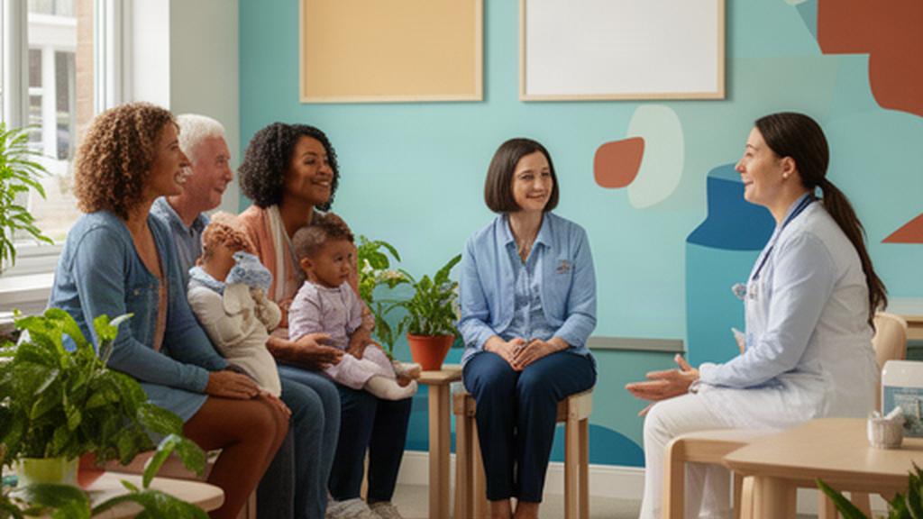 Awareness campaign photography set showing a family and healthcare worker in a Swansea community centre