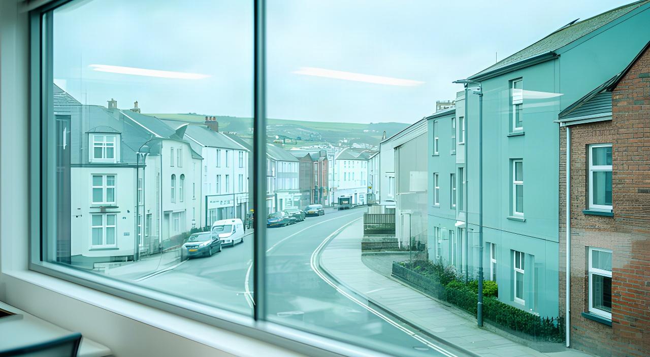 View through a Swansea office window towards a quiet urban street