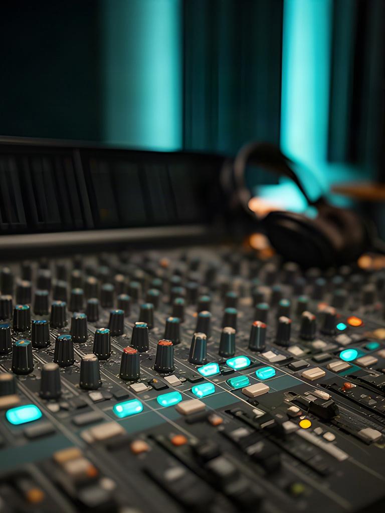 Audio mixing console with labelled controls in a quiet production room