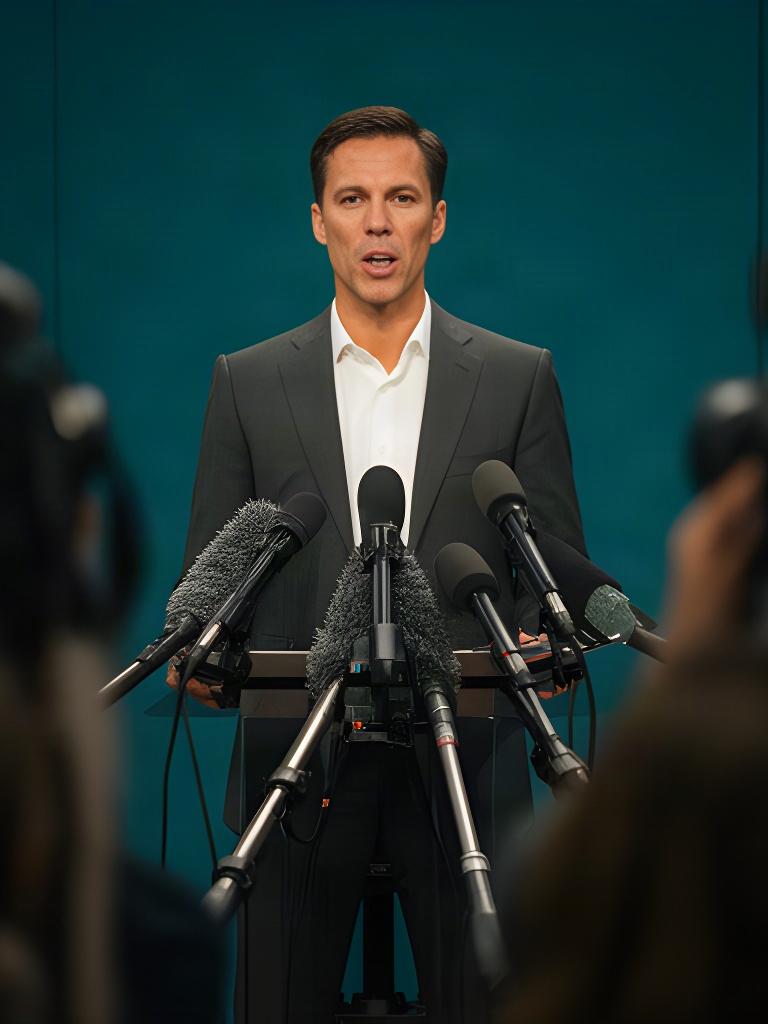 Speaker addressing journalists at a press conference with microphones in the foreground