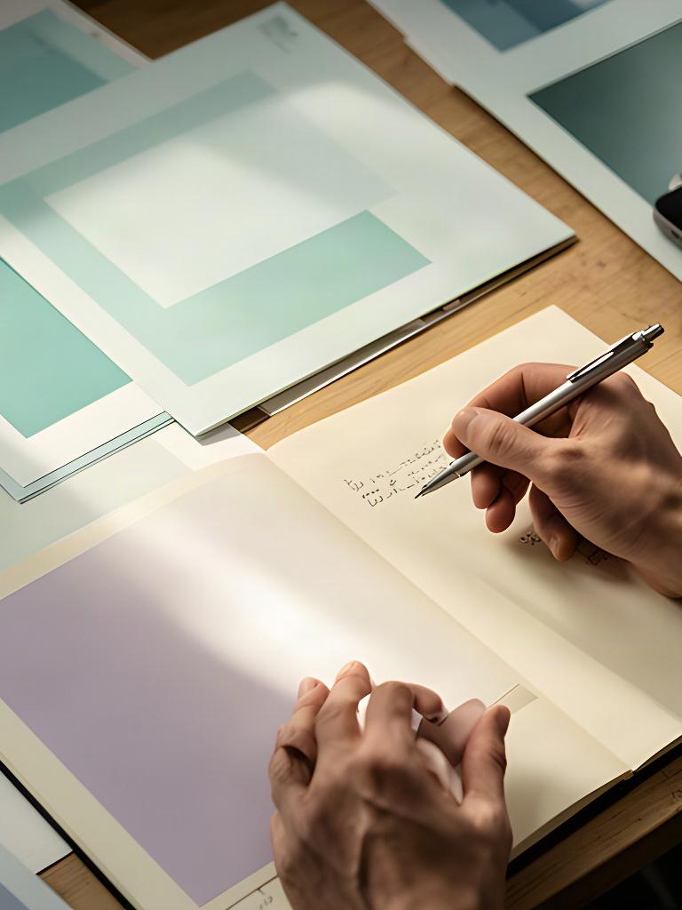 Creative director making campaign notes beside printed media layouts