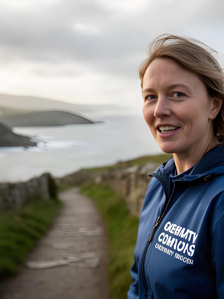 Community campaign participant speaking outdoors beside a Welsh coastal path