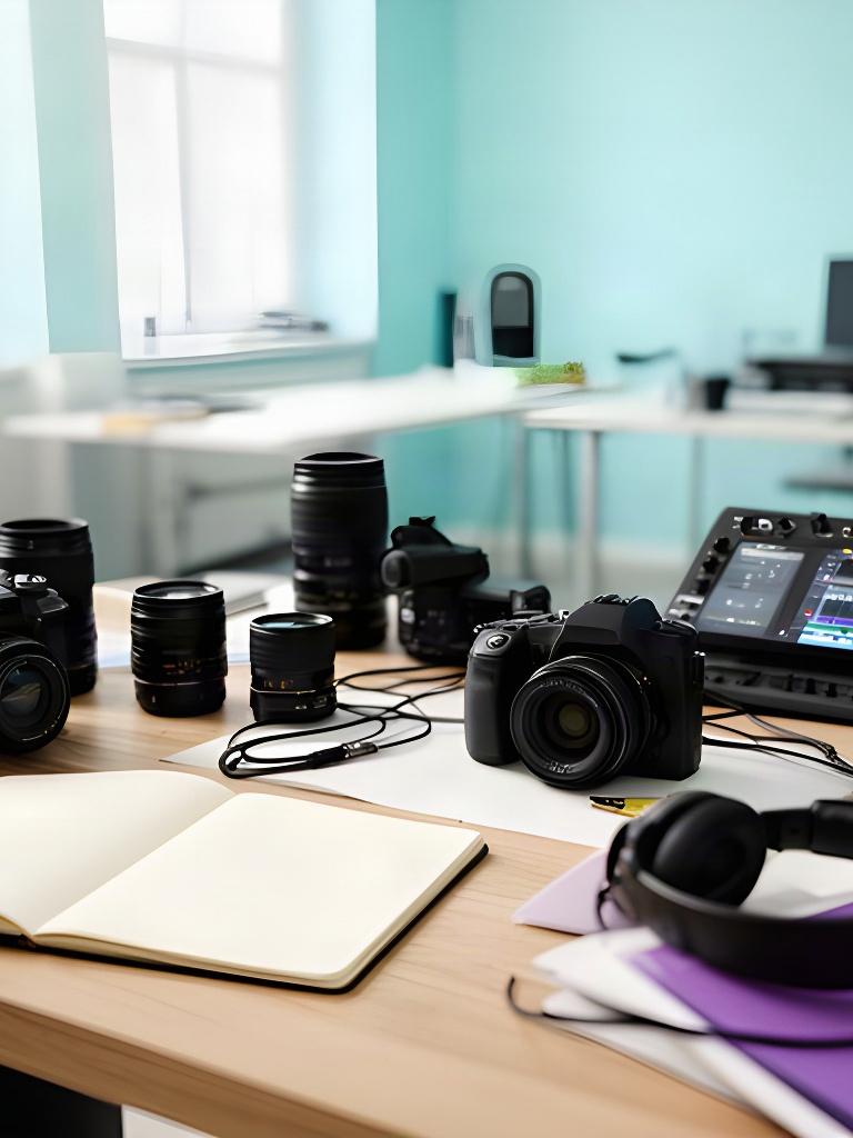 Bright creative workspace with cameras, notebooks and editing equipment