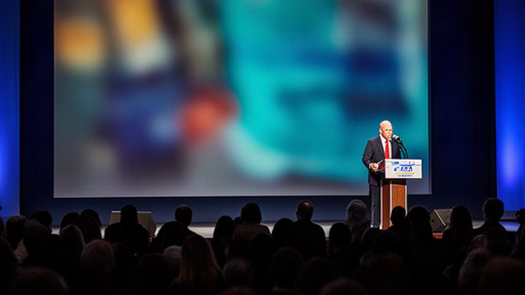 Speaker addressing an audience at a civic event with campaign photography projected behind them