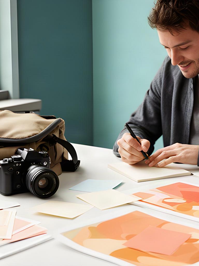 Creative team member making notes beside a camera bag and colour swatches