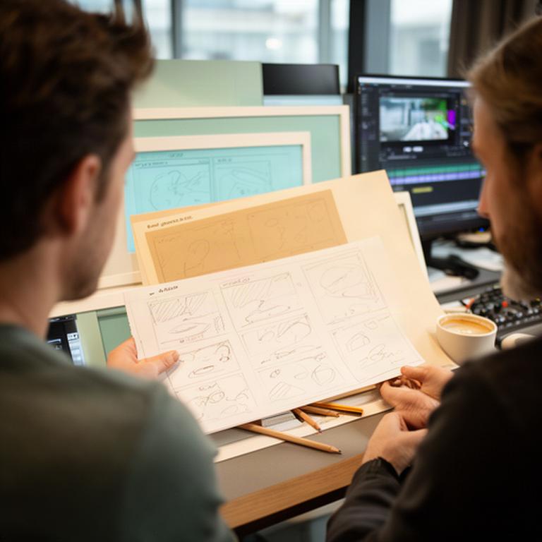 Creative director reviewing a storyboard beside production notes in a Swansea studio