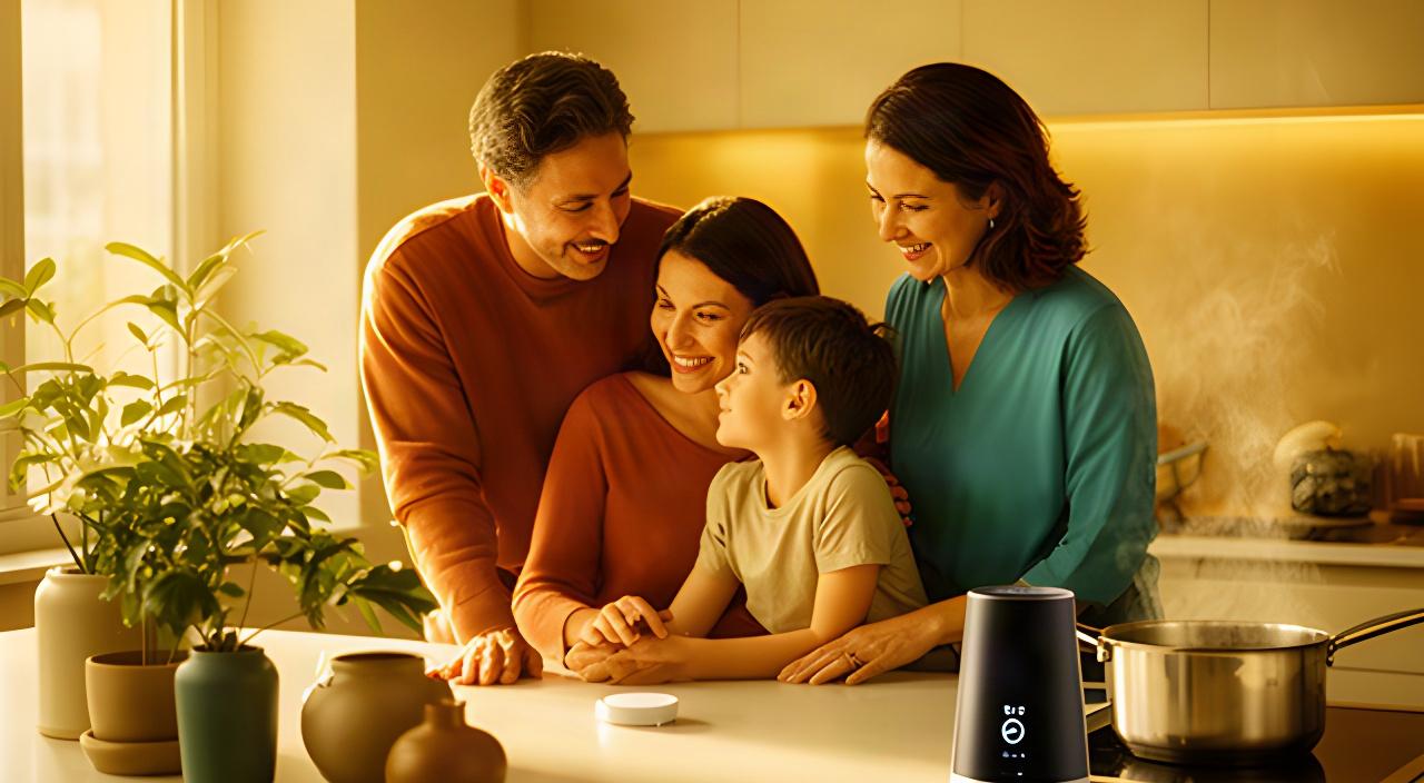 Television advertisement still showing a family using a smart home product in a warm kitchen