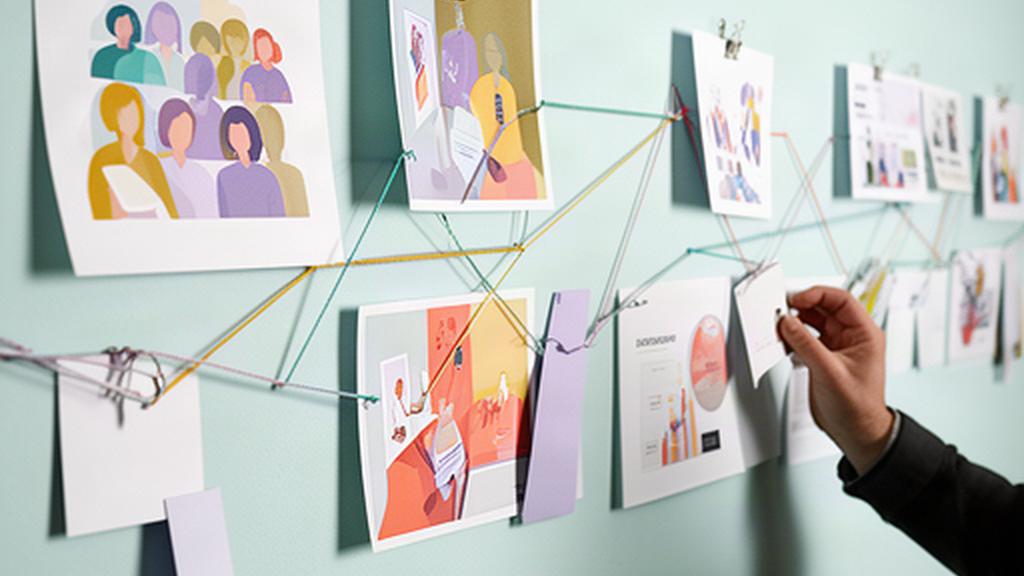 Campaign storyboard pinned to a studio wall with audience segments and editorial milestones