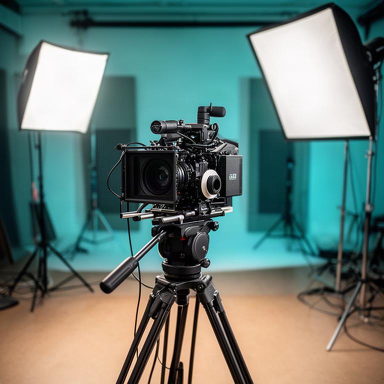 Professional camera on a tripod beside soft lights in a working media studio