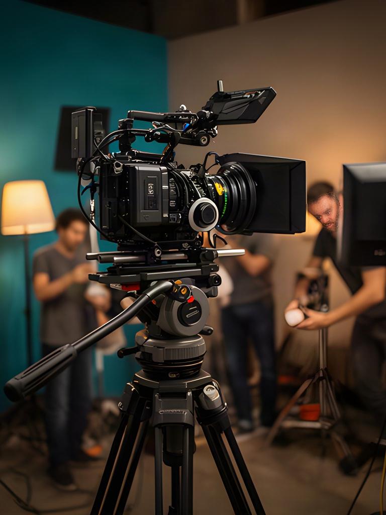 Professional camera rig on a lit production set with crew preparing a commercial shoot