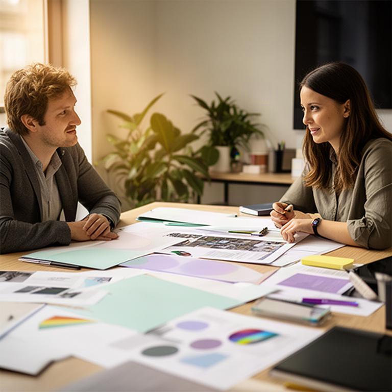 Client reviewing campaign boards with a communications producer in a softly lit meeting room