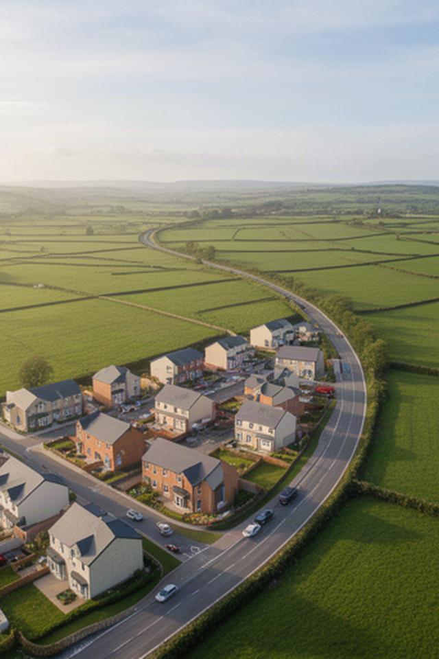 Aerial view of a new property development beside green fields under soft afternoon light