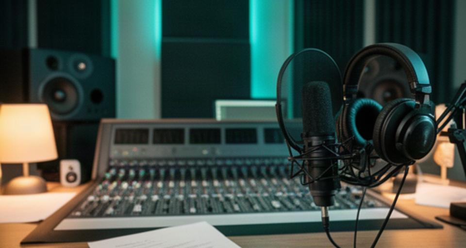 Audio production suite with headphones, microphones and a prepared interview script