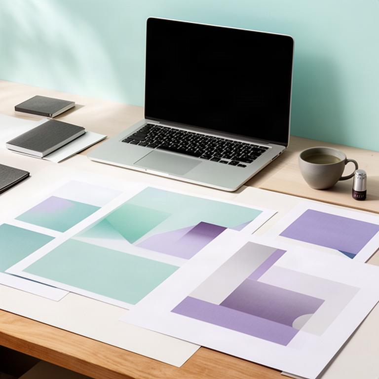 Finished media layouts arranged neatly beside a laptop in the studio