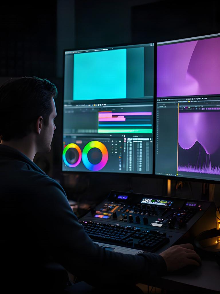 Editor colour grading campaign footage on dual monitors in a dark post-production suite