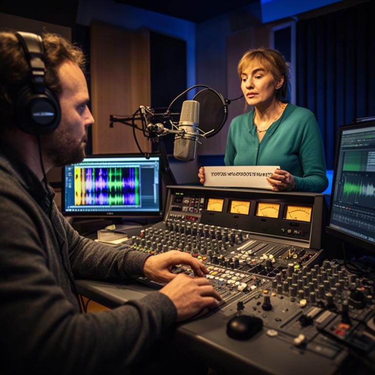 Radio producer adjusting studio controls while a presenter prepares a recorded public information message